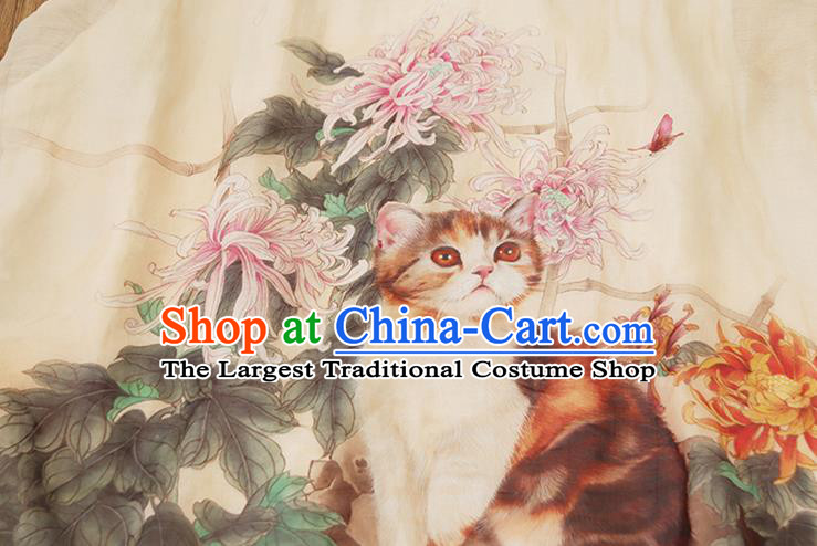 Chinese National Woman Costume Traditional Printing Chrysanthemum Cat White Qipao Dress Stand Collar Cheongsam