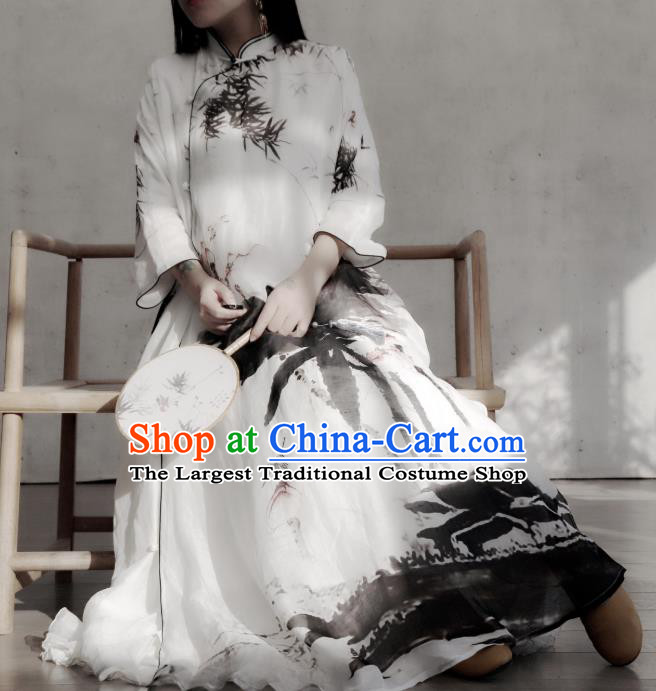 Chinese Traditional White Stand Collar Qipao Dress Ink Painting Lotus Cheongsam National Woman Costume