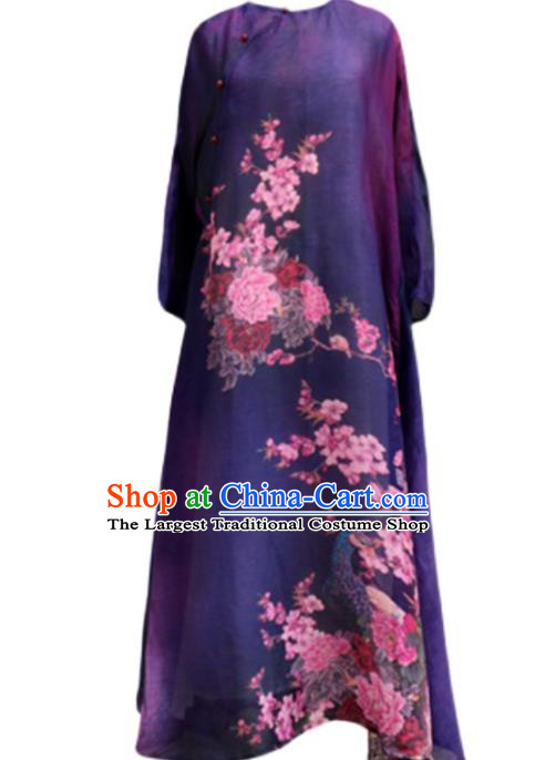 Chinese Traditional Slant Opening Qipao Dress National Printing Peacock Peony Purple Cheongsam Woman Costume