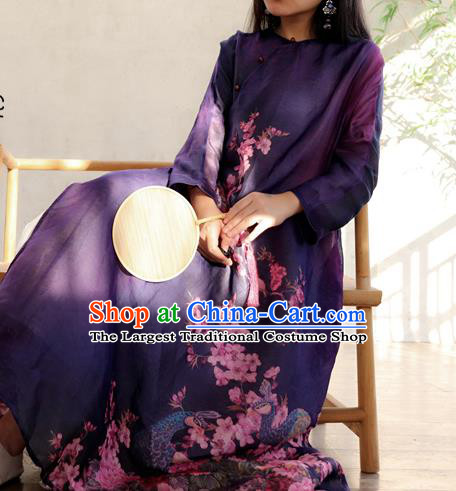 Chinese Traditional Slant Opening Qipao Dress National Printing Peacock Peony Purple Cheongsam Woman Costume