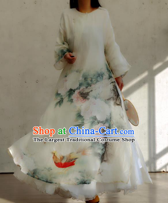 Chinese Slant Opening Qipao Dress National Printing Peony White Cheongsam Traditional Woman Costume