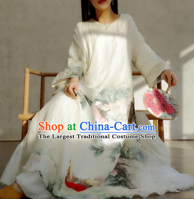 Chinese Slant Opening Qipao Dress National Printing Peony White Cheongsam Traditional Woman Costume