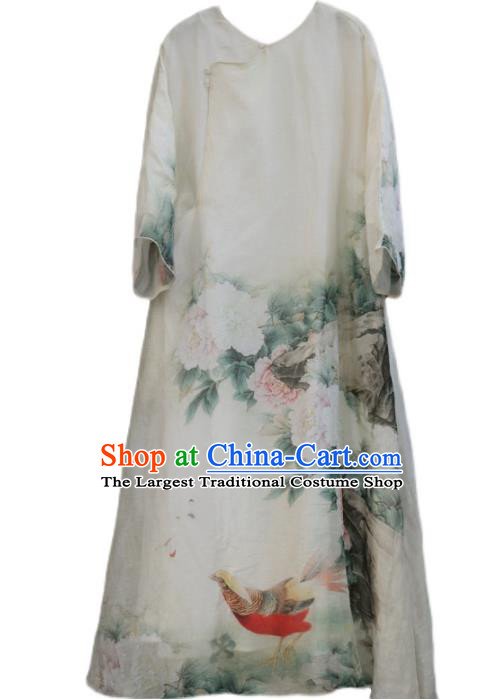 Chinese Slant Opening Qipao Dress National Printing Peony White Cheongsam Traditional Woman Costume