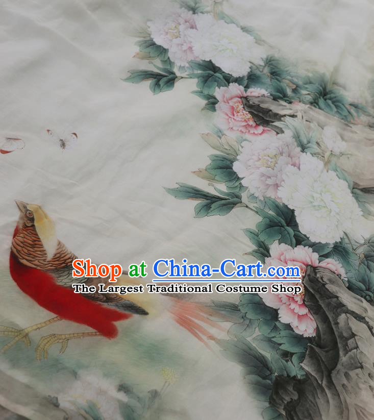 Chinese Slant Opening Qipao Dress National Printing Peony White Cheongsam Traditional Woman Costume