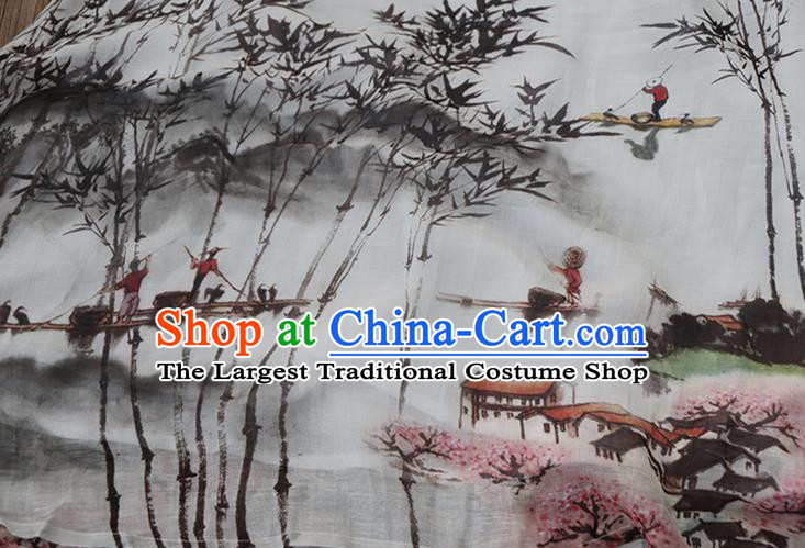 Chinese Traditional Woman Costume White Flax Qipao Dress National Ink Painting Landscape Cheongsam