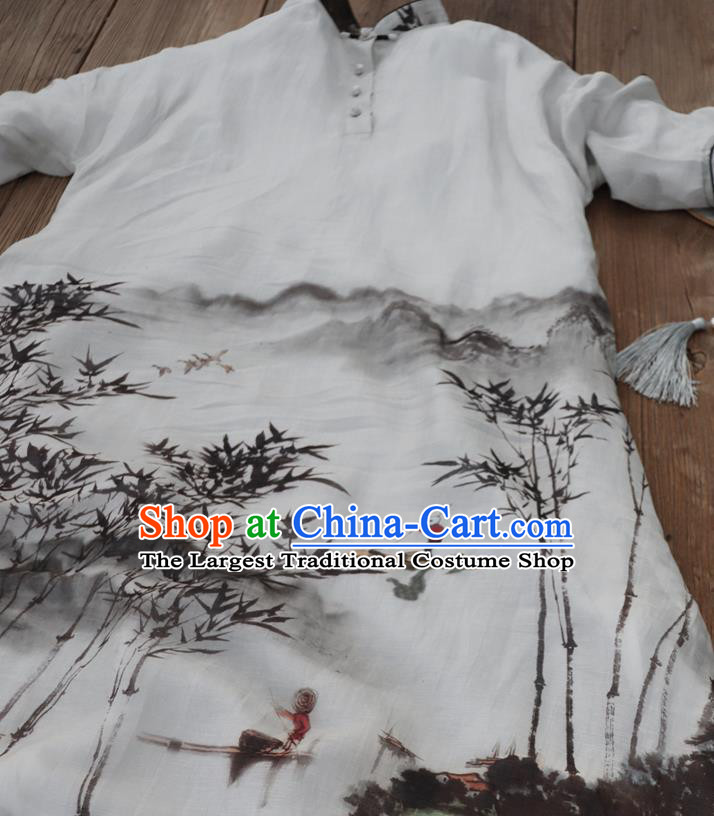 Chinese Traditional Woman Costume White Flax Qipao Dress National Ink Painting Landscape Cheongsam