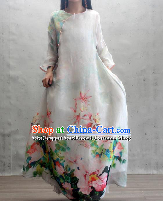 Chinese National Slant Opening Cheongsam Traditional Woman Costume Printing Peony White Qipao Dress