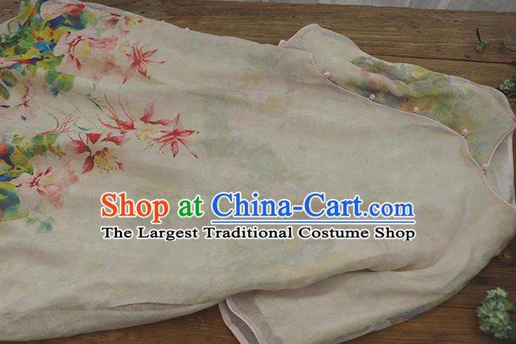 Chinese National Slant Opening Cheongsam Traditional Woman Costume Printing Peony White Qipao Dress