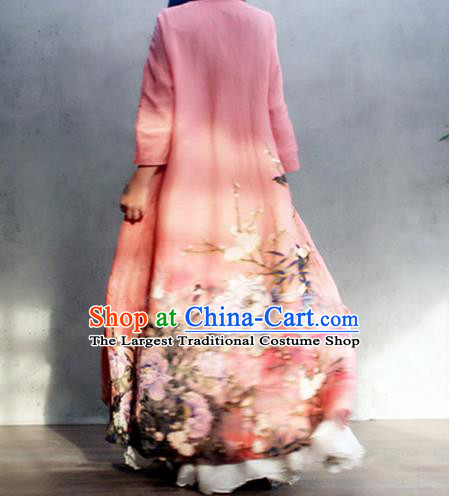 Chinese Traditional Slant Opening Qipao Dress Woman Costume National Printing Peony Pink Cheongsam