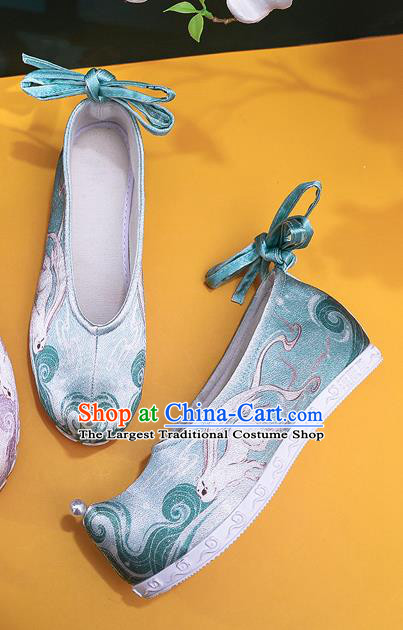 China Traditional Hanfu Bow Shoes Printing Green Satin Shoes Handmade Ancinet Ming Dynasty Princess Shoes