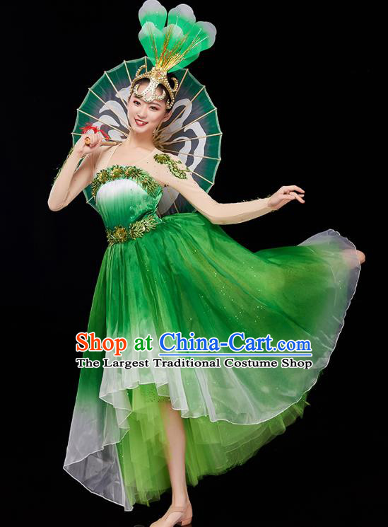 Chinese Woman Group Dance Green Dress Traditional Spring Festival Gala Peony Dance Costume