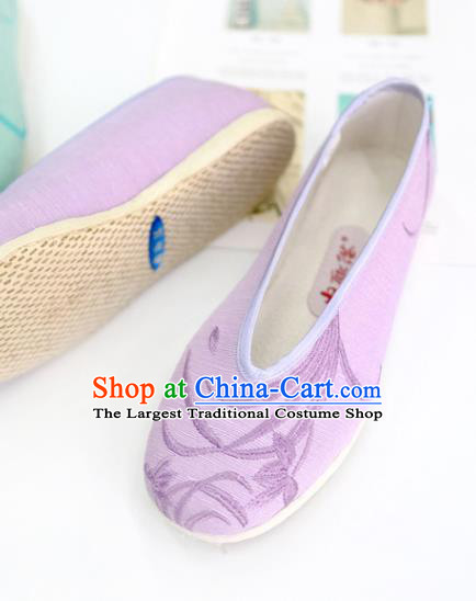 China Embroidered Orchids Shoes Traditional Qing Dynasty Court Lady Shoes Handmade Violet Cloth Shoes