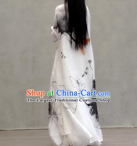 Chinese Traditional Ink Painting Lotus Qipao Dress Woman Costume National Tang Suit White Cheongsam