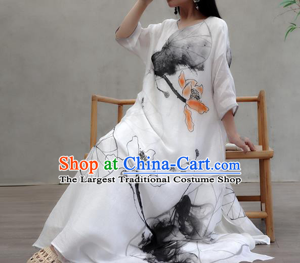 Chinese Traditional Ink Painting Lotus Qipao Dress Woman Costume National Tang Suit White Cheongsam