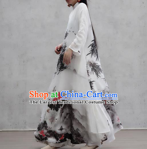 Chinese Traditional Ink Painting Bamboo Lotus Qipao Dress Woman Costume National Tang Suit White Cheongsam