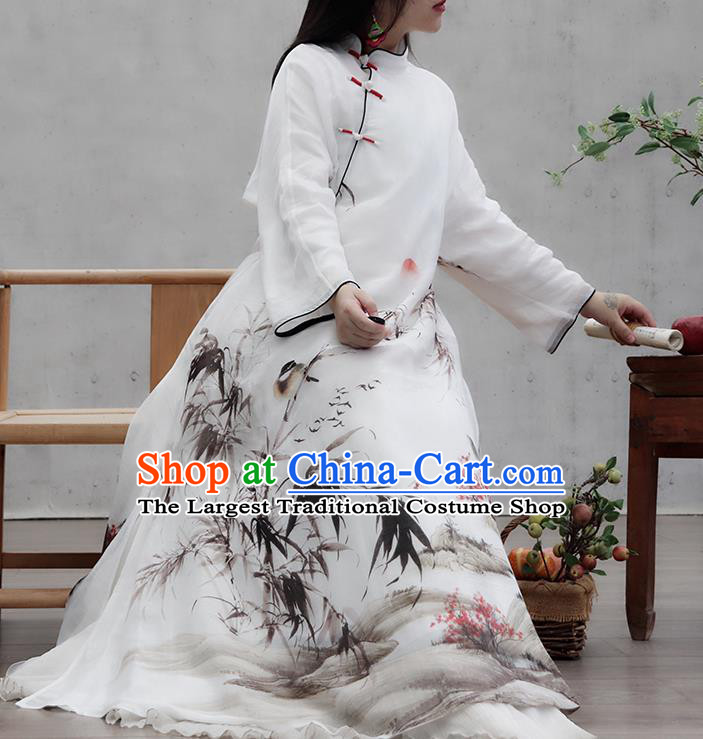 Chinese Traditional White Qipao Dress Woman Costume National Tang Suit Ink Painting Bamboo Cheongsam