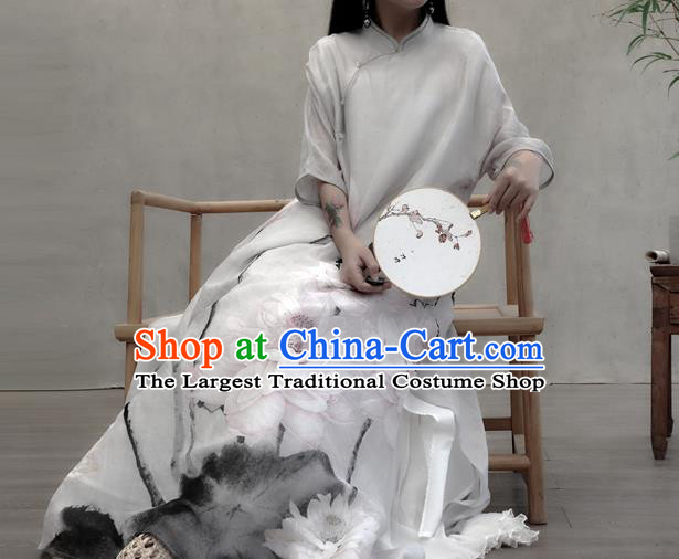 Chinese Traditional White Stand Collar Qipao Dress Woman Costume National Tang Suit Ink Painting Lotus Cheongsam