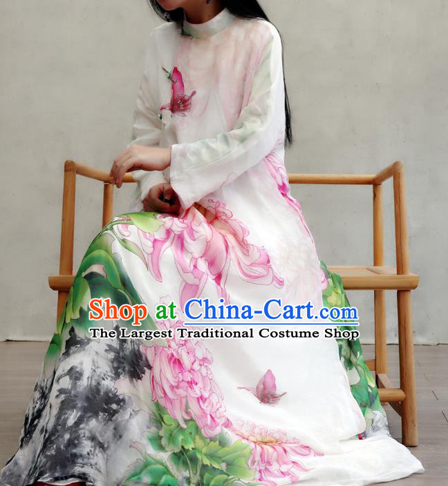 Chinese Traditional Tang Suit Qipao Dress Woman Costume National Printing Chrysanthemum Loose Cheongsam
