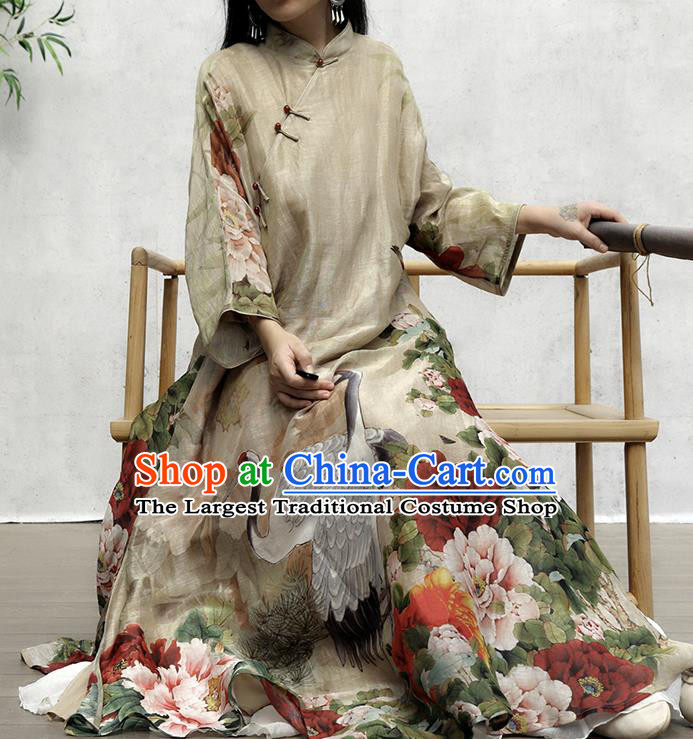 Chinese Traditional Stand Collar Qipao Dress Woman Costume National Printing Crane Peony Khaki Cheongsam