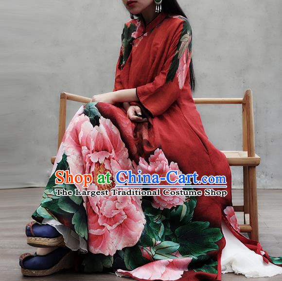 Chinese Traditional Tang Suit Loose Qipao Dress Woman Costume National Printing Peony Red Cheongsam