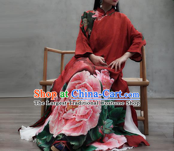 Chinese Traditional Tang Suit Loose Qipao Dress Woman Costume National Printing Peony Red Cheongsam