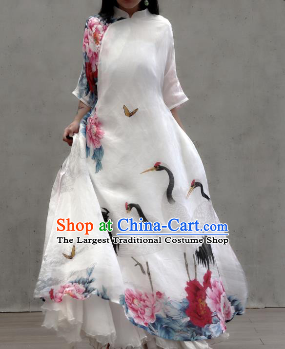 Chinese Traditional Tang Suit White Qipao Dress Woman Costume National Printing Crane Peony Cheongsam