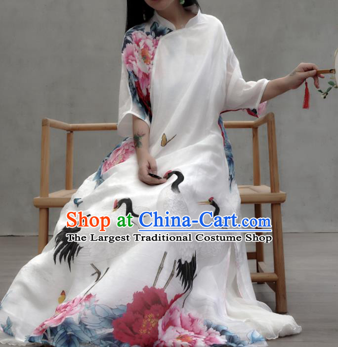 Chinese Traditional Tang Suit White Qipao Dress Woman Costume National Printing Crane Peony Cheongsam