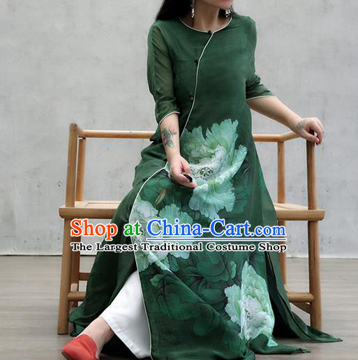 Chinese Traditional Slant Opening Qipao Dress Woman Costume National Printing Peony Green Cheongsam