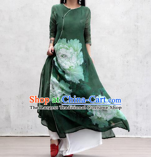 Chinese Traditional Slant Opening Qipao Dress Woman Costume National Printing Peony Green Cheongsam