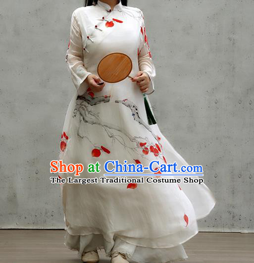 Chinese Traditional Stand Collar White Qipao Dress Woman Costume National Printing Red Leaf Cheongsam