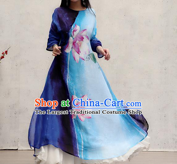 Chinese Traditional Tang Suit Qipao Dress Female Costume National Printing Lotus Blue Cheongsam