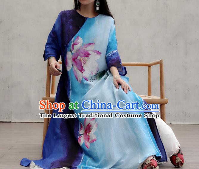 Chinese Traditional Tang Suit Qipao Dress Female Costume National Printing Lotus Blue Cheongsam