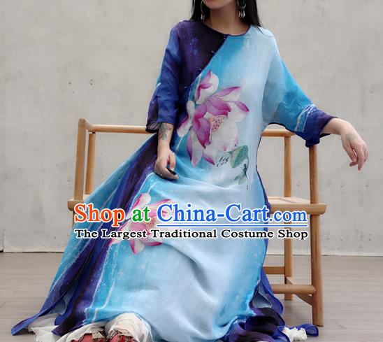 Chinese Traditional Tang Suit Qipao Dress Female Costume National Printing Lotus Blue Cheongsam