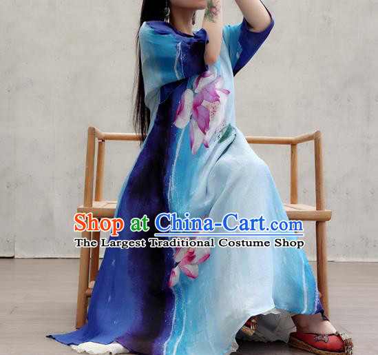 Chinese Traditional Tang Suit Qipao Dress Female Costume National Printing Lotus Blue Cheongsam