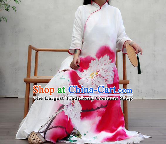 Chinese Female Costume National Printing Red Loose Cheongsam Traditional Ink Painting Lotus Qipao Dress