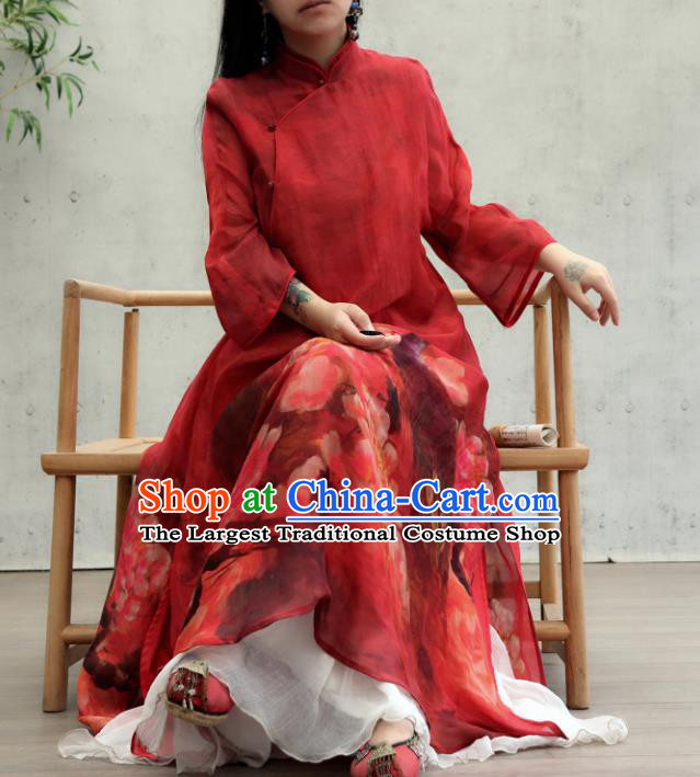 Chinese National Tang Suit Cheongsam Female Costume Traditional Printing Peacock Peony Red Qipao Dress