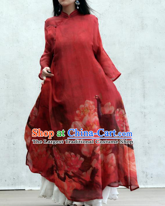Chinese National Tang Suit Cheongsam Female Costume Traditional Printing Peacock Peony Red Qipao Dress
