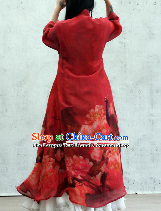 Chinese National Tang Suit Cheongsam Female Costume Traditional Printing Peacock Peony Red Qipao Dress