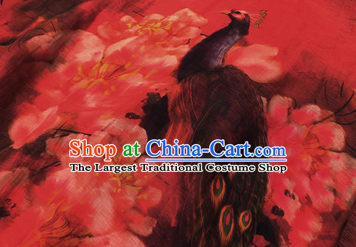 Chinese National Tang Suit Cheongsam Female Costume Traditional Printing Peacock Peony Red Qipao Dress
