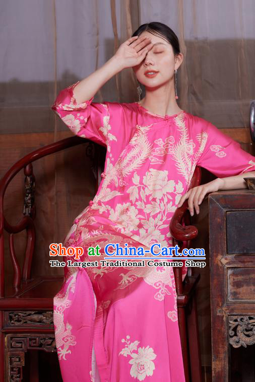 Chinese National Tang Suit Cheongsam Costume Traditional Printing Phoenix Pink Satin Qipao Dress