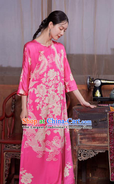 Chinese National Tang Suit Cheongsam Costume Traditional Printing Phoenix Pink Satin Qipao Dress