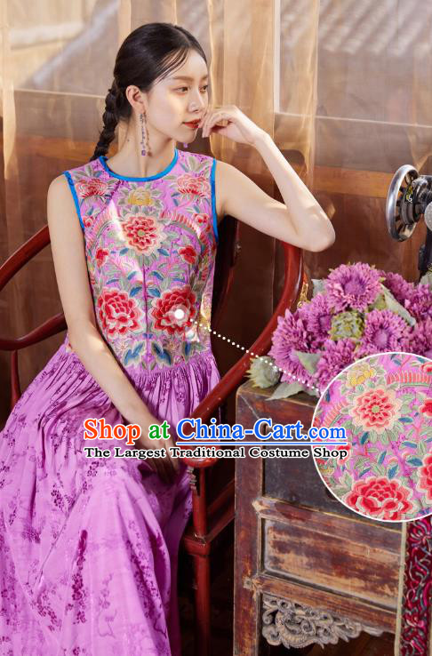 Chinese Traditional Embroidered Purple Silk Dress National Woman Tang Suit Cheongsam Costume
