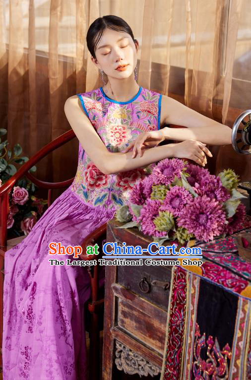 Chinese Traditional Embroidered Purple Silk Dress National Woman Tang Suit Cheongsam Costume