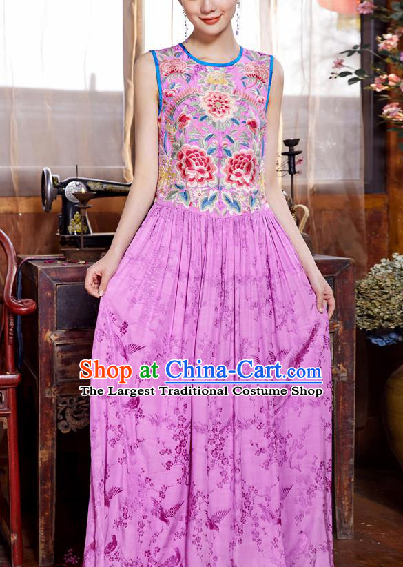 Chinese Traditional Embroidered Purple Silk Dress National Woman Tang Suit Cheongsam Costume