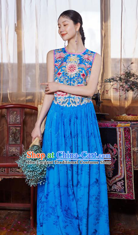 Chinese Traditional Embroidered Dress National Woman Tang Suit Blue Silk Cheongsam Costume