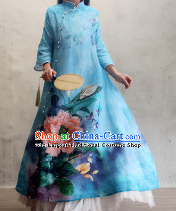 Chinese Traditional Stand Collar Qipao Dress Woman Costume National Printing Peony Blue Cheongsam