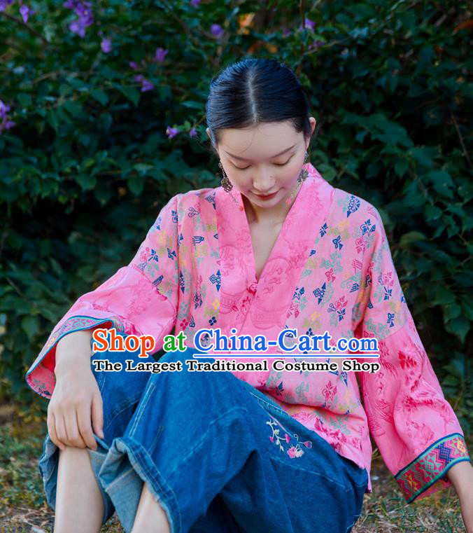 Chinese Tang Suit Embroidered Pink Jacket Traditional National Woman Costume