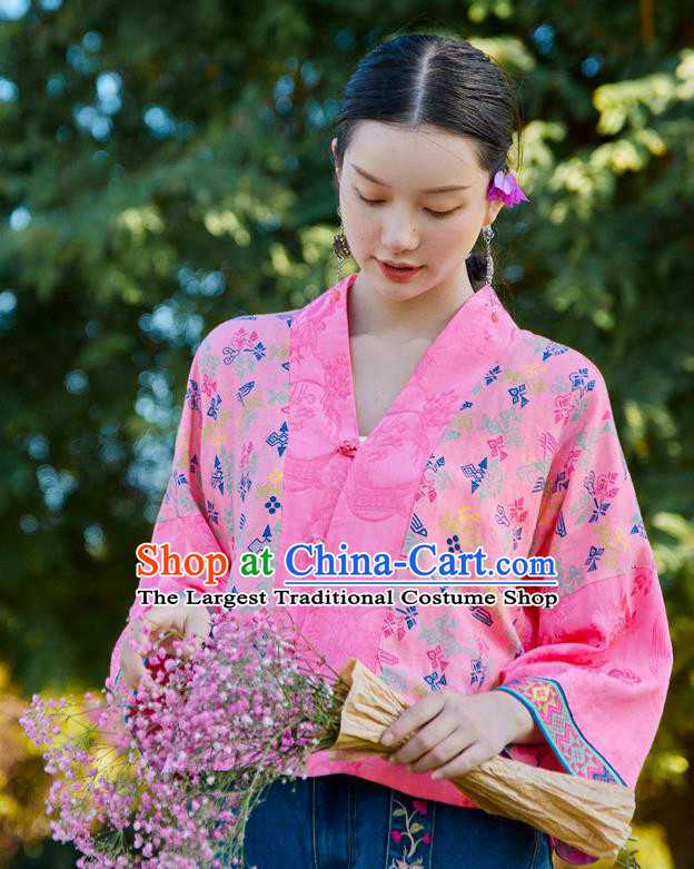 Chinese Tang Suit Embroidered Pink Jacket Traditional National Woman Costume