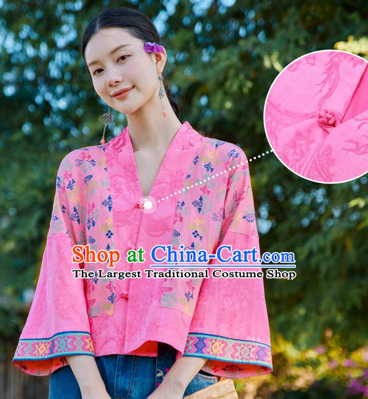 Chinese Tang Suit Embroidered Pink Jacket Traditional National Woman Costume