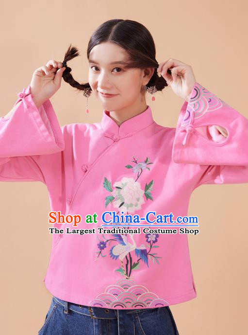 Chinese Traditional Costume Embroidered Pink Blouse National Woman Tang Suit Shirt